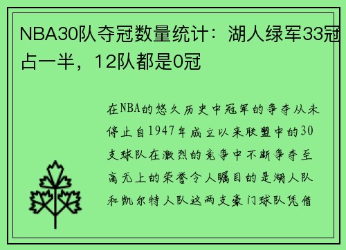 NBA30队夺冠数量统计：湖人绿军33冠占一半，12队都是0冠