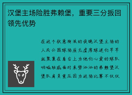 汉堡主场险胜弗赖堡，重要三分扳回领先优势