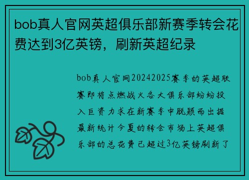 bob真人官网英超俱乐部新赛季转会花费达到3亿英镑，刷新英超纪录